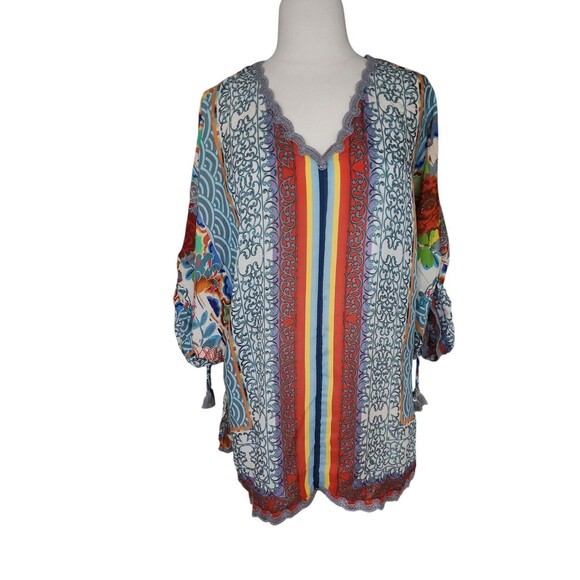 Johnny Was Silk Vintage Y2K Dragon Tunic Blouse Womens Medium Blue Multiprint - Picture 1 of 8